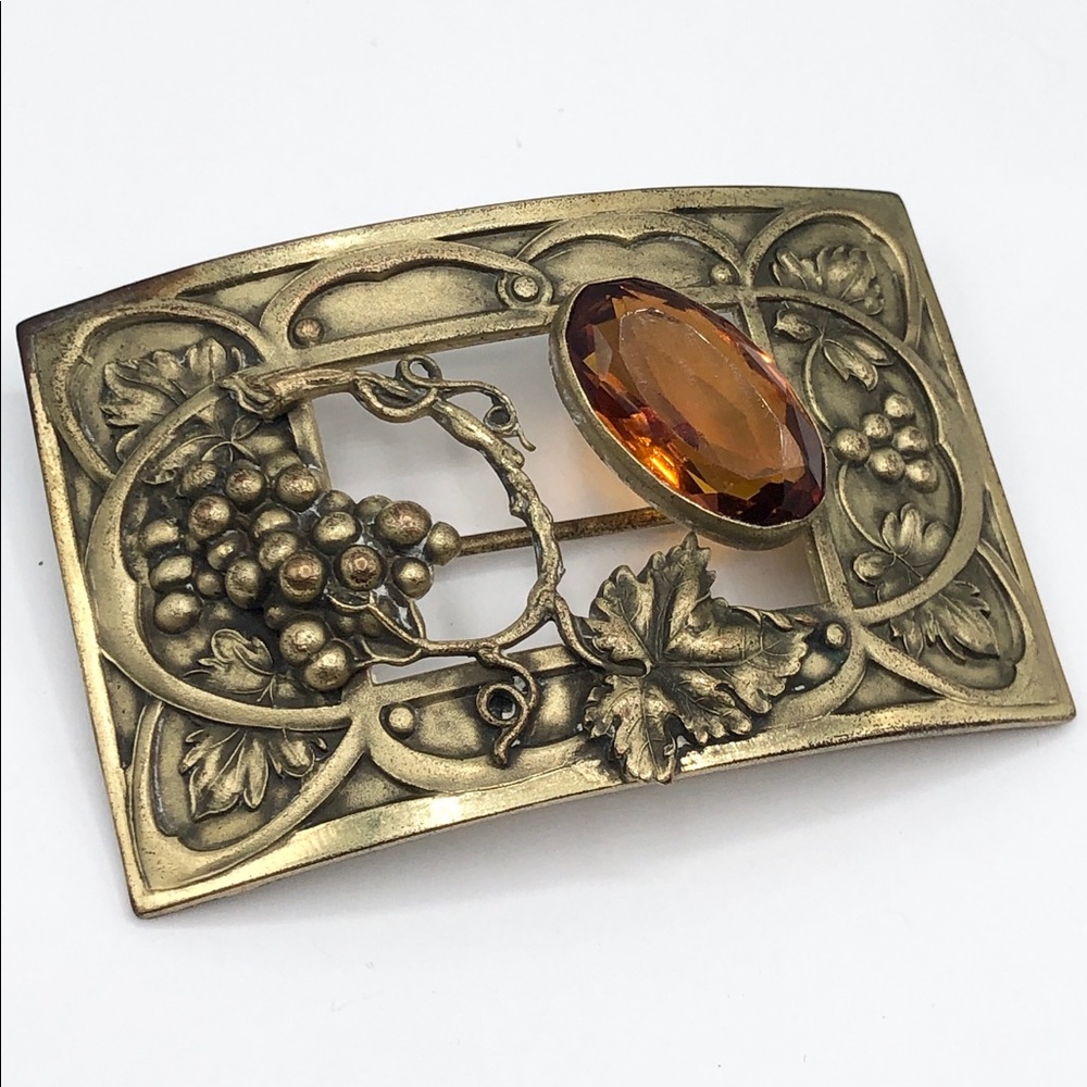 Antique Art Nouveau Glass Grape Vine Sash Pin Brooch